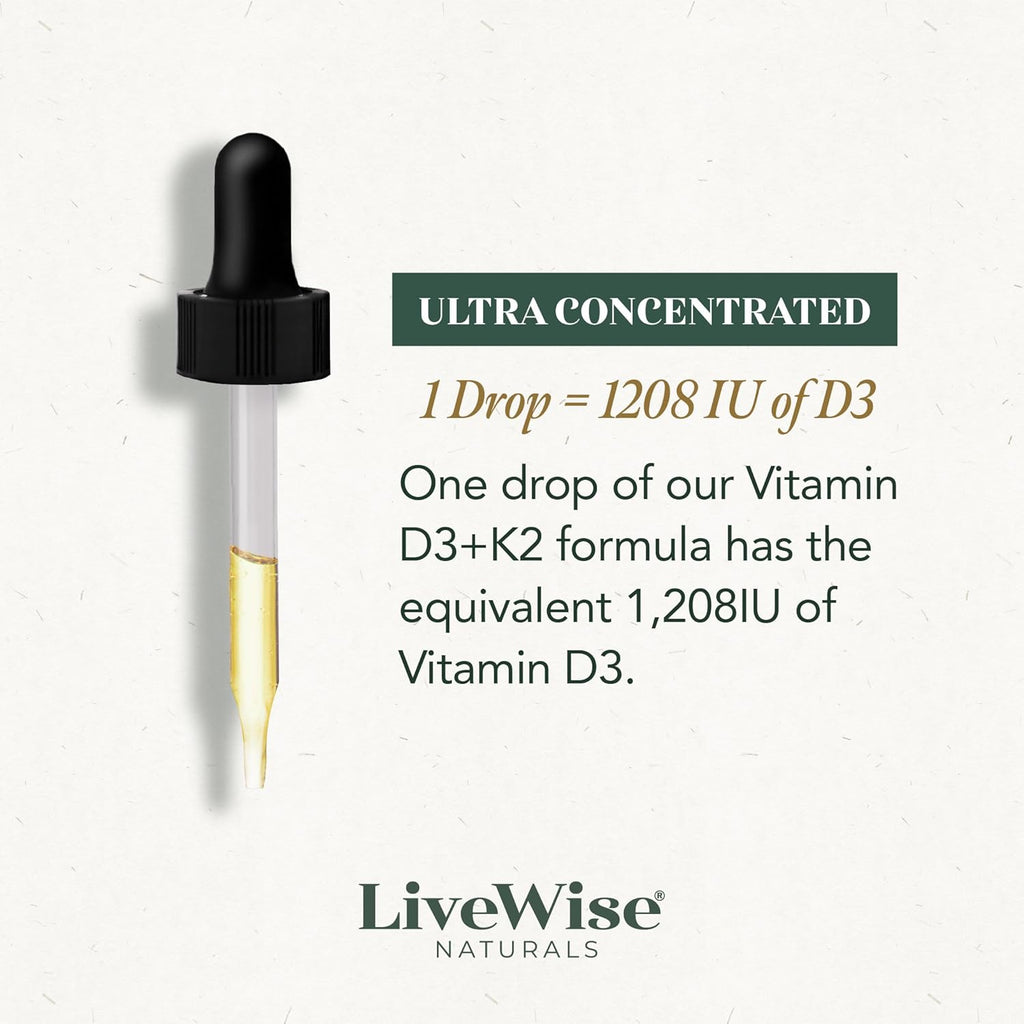 Vitamin D3 with K2 Liquid Drops, All Natural, Non-GMO, 1208iu D3 and 25mcg K2 (mk7) per Serving, Support Your Bones, Immune System and Energy Levels, with or Without Peppermint Oil
