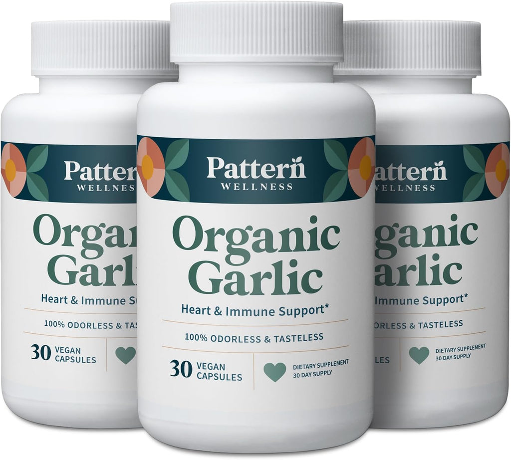 Pattern Wellness Odorless Organic Garlic – 1000mg – Immune, Circulatory & Heart Health Support – Non-GMO & Gluten Free – 90 Vegan Capsules