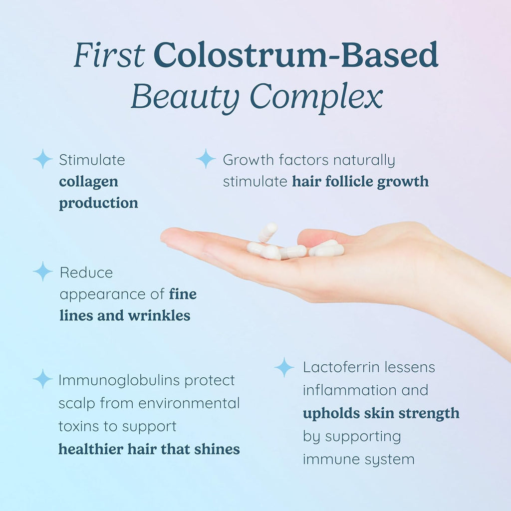 Hair Skin and Nails Vitamins w/Bovine Colostrum, Collagen, Hyaluronic Acid, Biotin, Zinc, & Lactoferrin┃Supports Faster Hair Growth, Stronger Nails and Glowing Skin (30 Servings, Capsule)