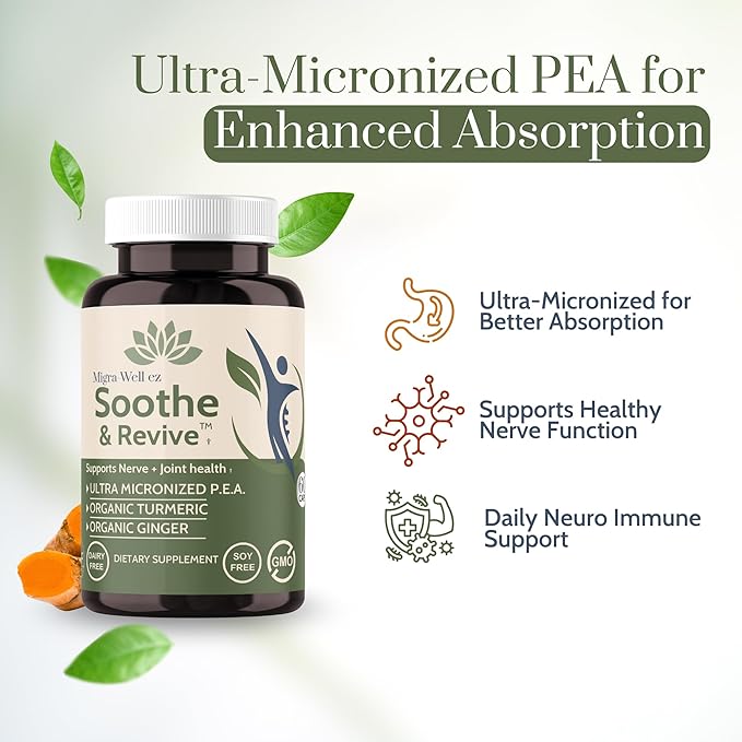 Migra-Well EZ Ultra-Micronized Pea (Palmitoylethanolamide) 600mg with Organic Turmeric & Ginger, Nerve Support and Joint Health Supplement for Men & Women, Non-GMO, Gluten-Free, 60 Capsules