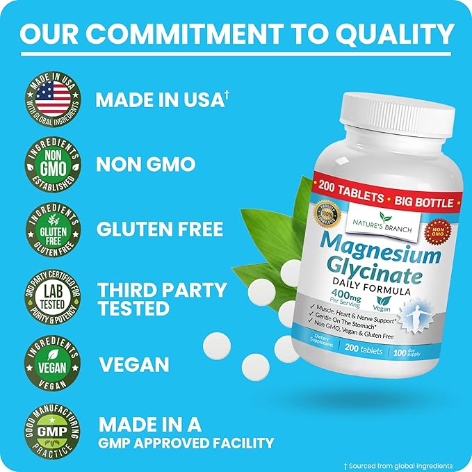 Magnesium Glycinate 400mg | 200 Tablets | High Absorption Mag Supplements for Sleep, Leg Cramps, Heart, Muscle, Calm | Non Buffered Bisglycinate, Extra Strength for Women and Men, Tablets Not Capsules