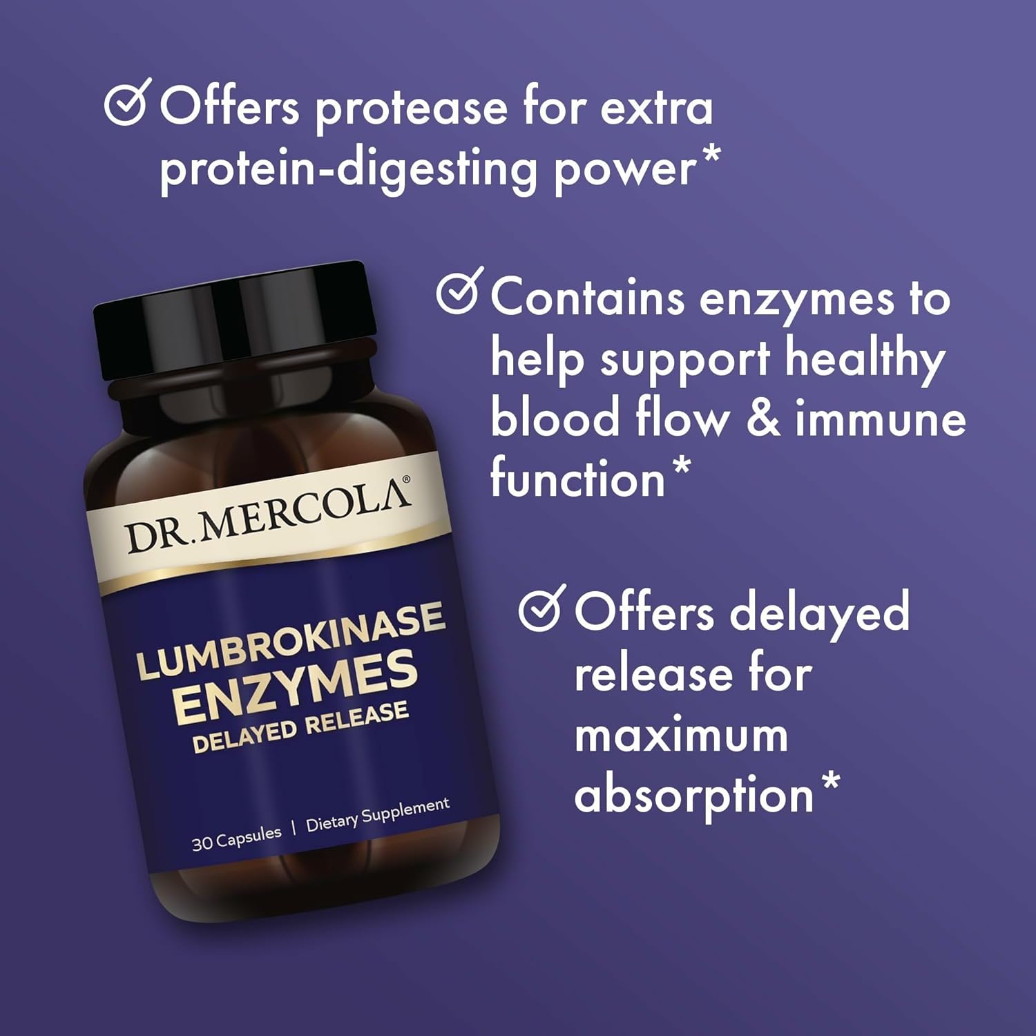 Dr. Mercola Lumbrokinase Enzymes - Delayed Release Formula - Dietary Supplement for Cardiovascular & Energy Support - Non-GMO, Gluten-Free & Soy-Free - 30 Capsules (30 Servings)
