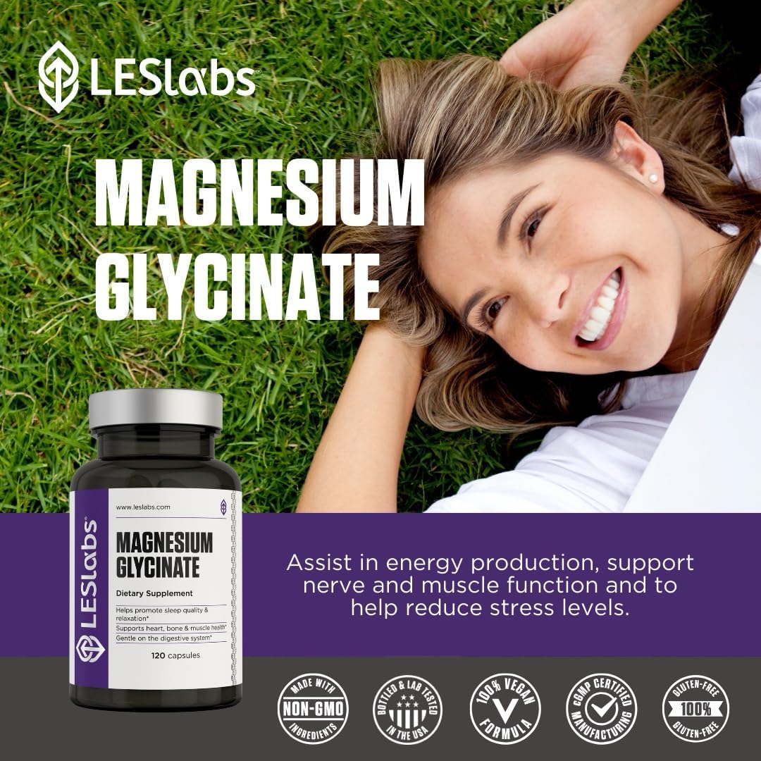 LES Labs Magnesium Glycinate – Supports Restful Sleep, Heart Health, Stress Relief, Metabolism, Nerve & Muscle Function, Gentle on The Digestive System – Non-GMO Supplement – 120 Capsules
