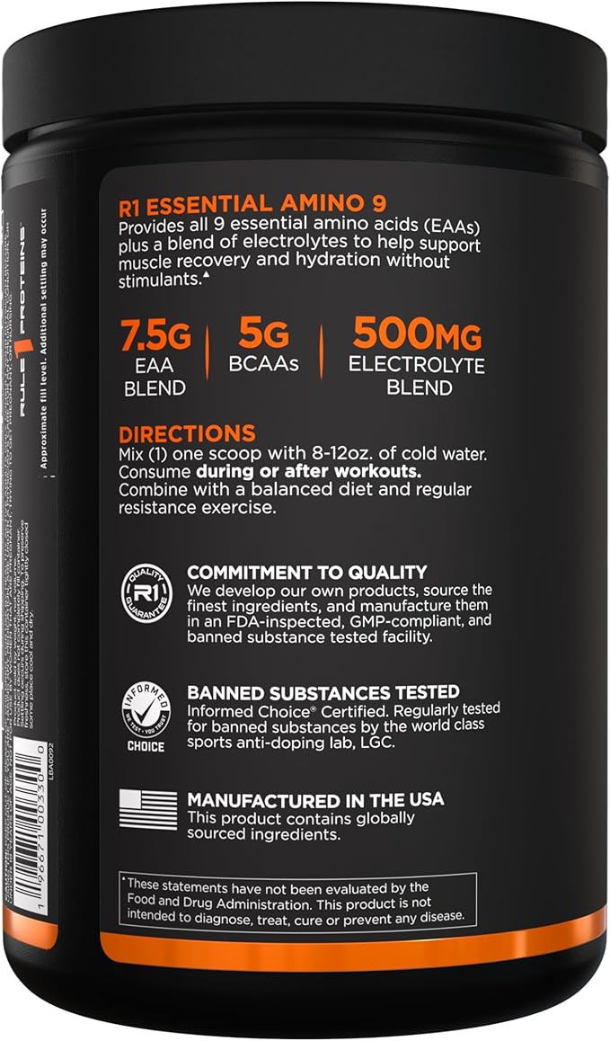 Rule 1 Essential Amino 9 – Recovery & Hydration Support with 7.5g of Essential Amino Acids + Electrolytes (Grape, 30 Servings)