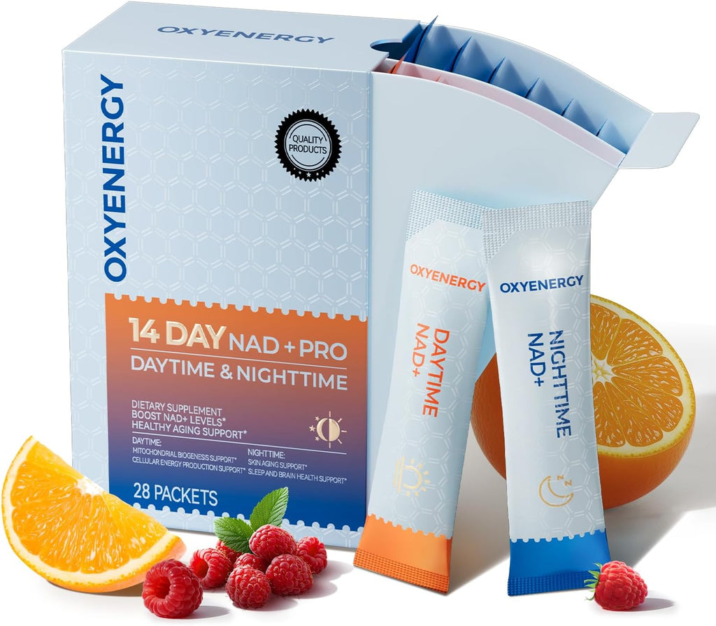OxyEnergy NAD Supplement 1550 mg-Daytime Nicotinamide Riboside + Nighttime L-Tryptophan with Resveratrol, Glutathione, PQQ–24-Hour Uninterrupted for Energy, Anti-Aging & Cell Renewal,28 Packets