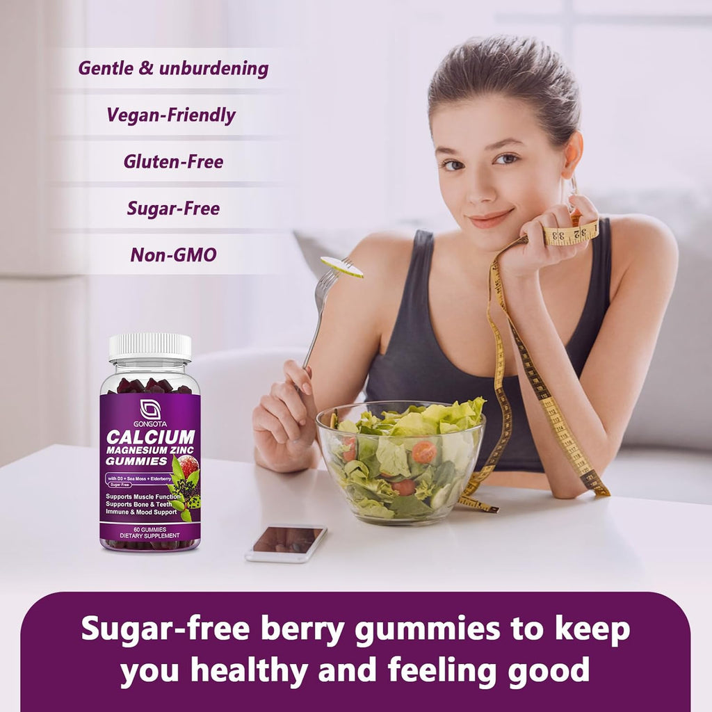 Calcium Magnesium Zinc with Vitamin D3 Supplement, Highly Absorbent Calcium Gummies with 300mg Magnesium glycinate Support Bone & Teeth, Muscle for Adults and Teens,Sugar Free, Vegan - 60 Count
