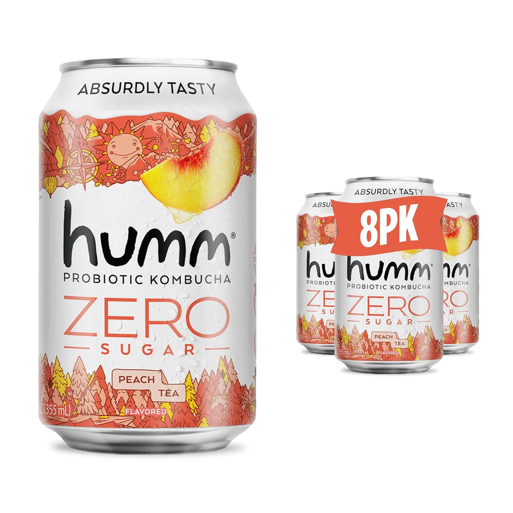 Humm Probiotic Kombucha Zero Sugar Peach Tea, No Refrigeration Needed, Keto Friendly, Organic, Vegan, Gluten Free, 12oz Cans (8 Pack)
