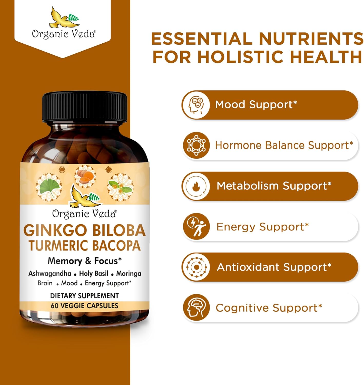 Organic Veda Ginkgo Biloba Turmeric Bacopa Brain Supplement for Memory, Mood & Focus with Ashwagandha - Concentration, Energy & Brain Booster, Healthy Joints & Circulation Support - 60 Vegan Capsule