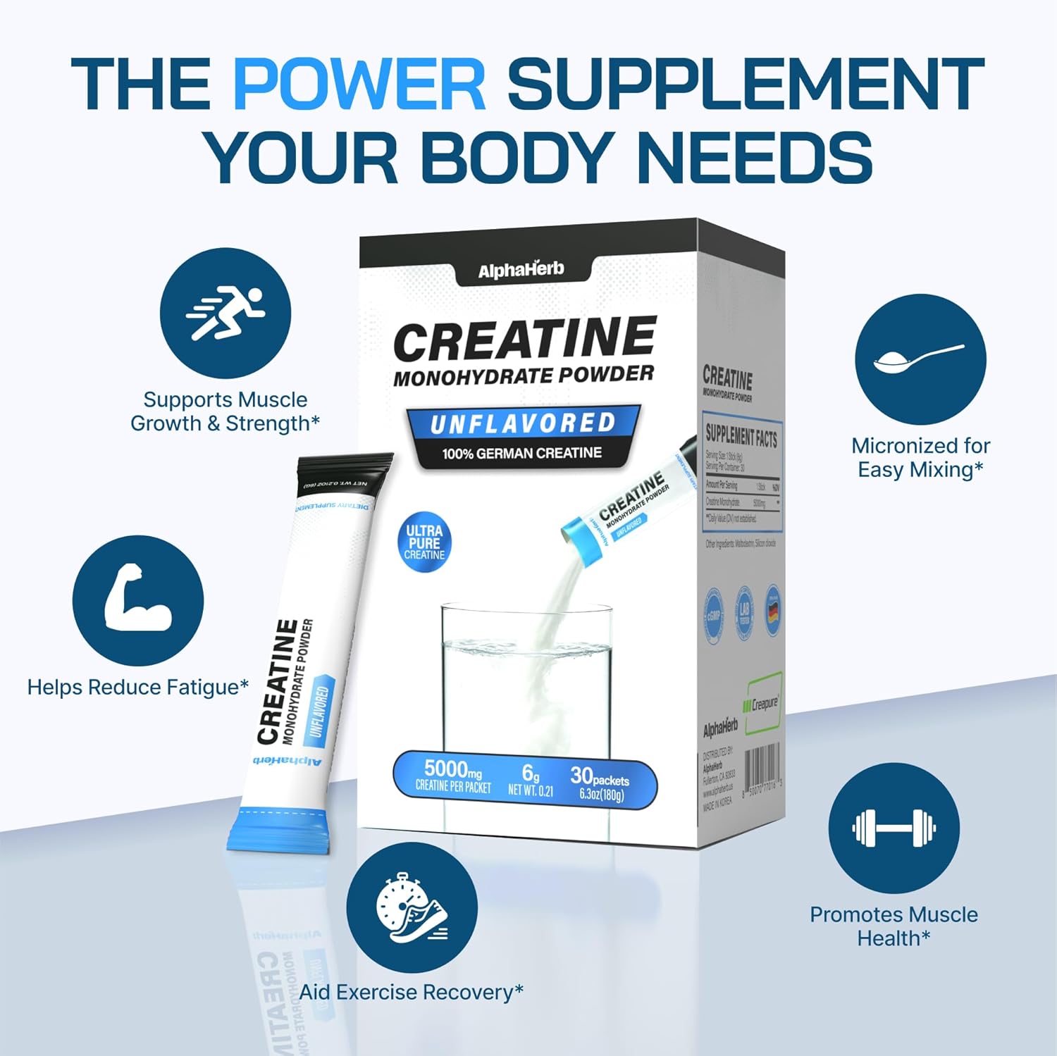 Creatine Monohydrate Powder – Creapure® German-Sourced, Unflavoured, 30 Stick Creatine Packs, 5000mg Each | No Sugar, No Fillers, Gluten-Free