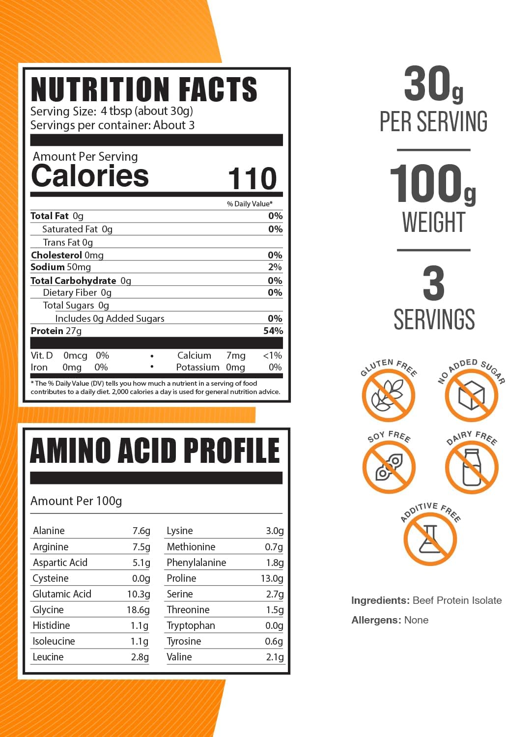 BulkSupplements.com Beef Protein Isolate Powder - Lactose Free Protein Powder, Beef Protein Powder - Unflavored & Gluten Free, 30g per Serving, 100g (3.5 oz) (Pack of 1)