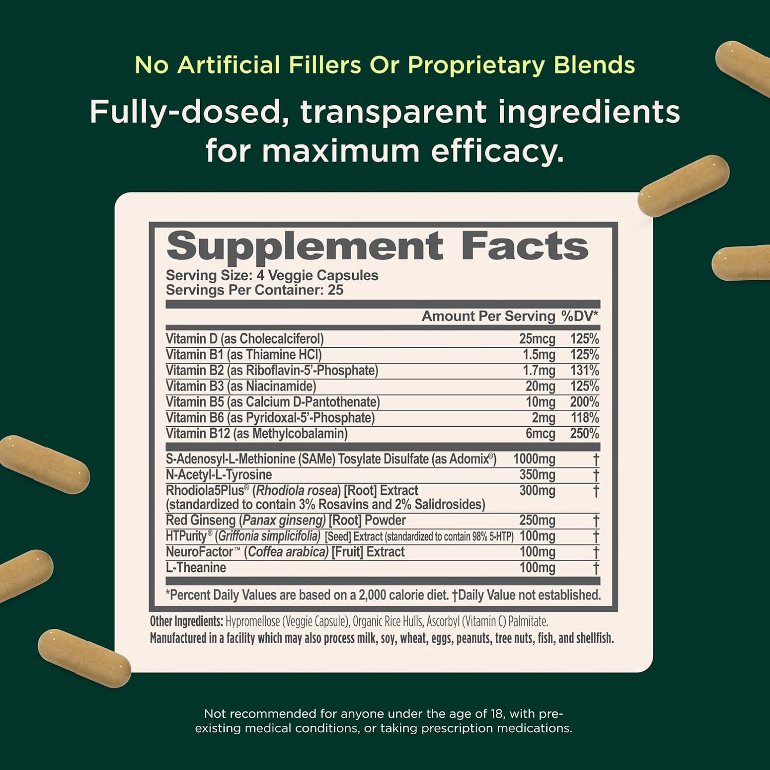 Genius Joy, Nootropic Mood Enhancer Supplement - Support Cognitive Health, Enhance Mood & Neural Function with Brain Boosting L-Theanine, Panax Ginseng & SAM-e - Organic, Non-GMO, & Gluten-Free