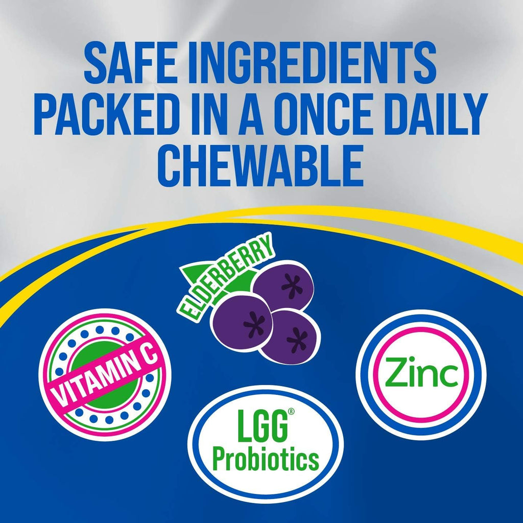 Culturelle Immune Defense Probiotic with Vitamin C, Vitamin D and Zinc + Elderberry, Non-GMO, 4-in-1 Immune Support for Kids Ages 3+*, Mixed Berry Chewables, 30 Count