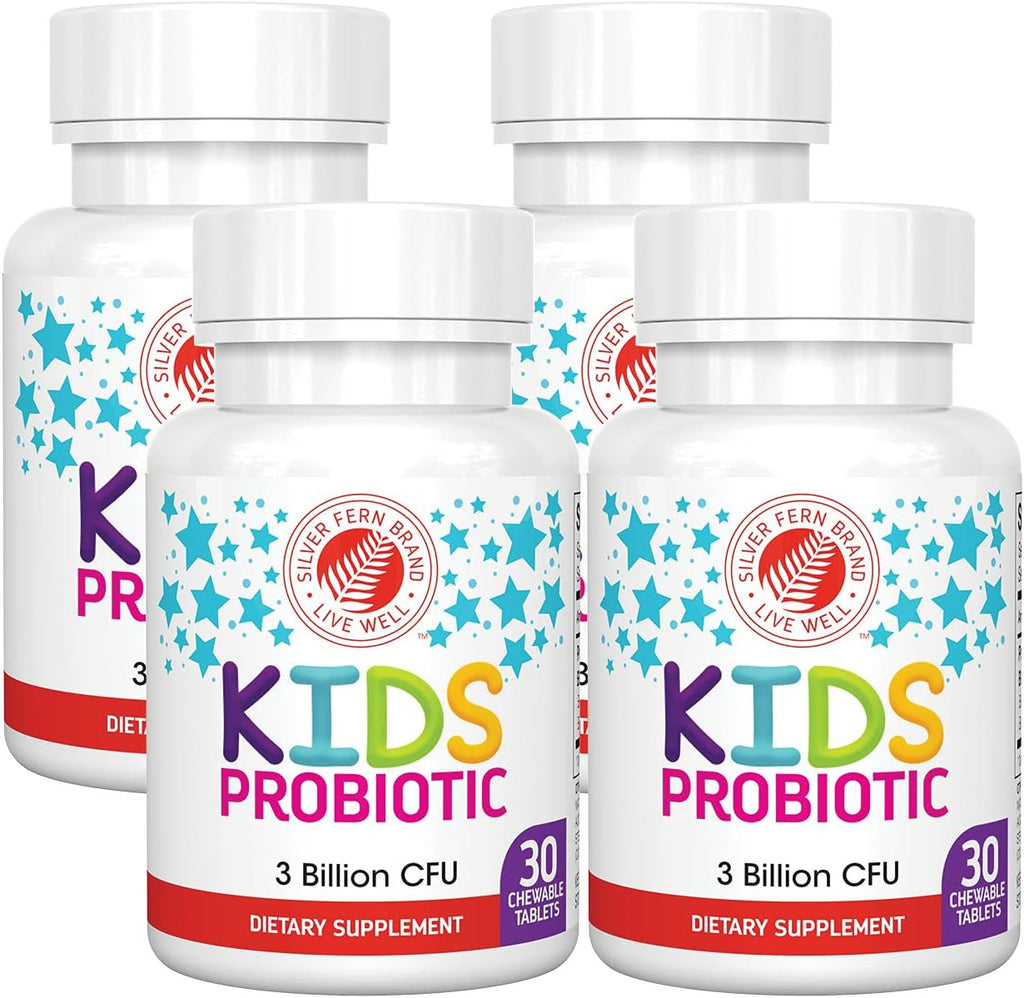Silver Fern Brand Kids Ultimate Probiotic - 4 Bottles - 30 Chewable Tablets Each - Sugar & Gluten Free - Children's Dietary Supplement - DNA & Survivability Verified - Digestive & Immune Support