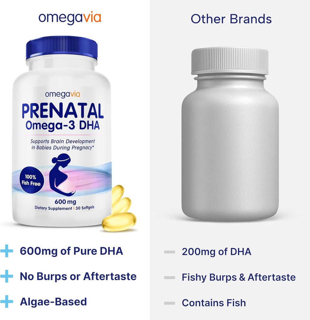 OmegaVia Prenatal DHA 600mg | Fish-Free Omega-3 Supplement | Supports Baby’s Brain, Eye & Nervous System Development | Safe for Pregnancy & Lactation | 30 Easy-to-Swallow Softgels
