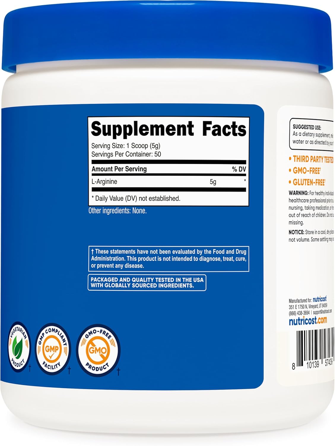 Nutricost L-Arginine (250 Grams) - Pure L-Arginine Powder - 5000mg Per Serving; 50 Servings