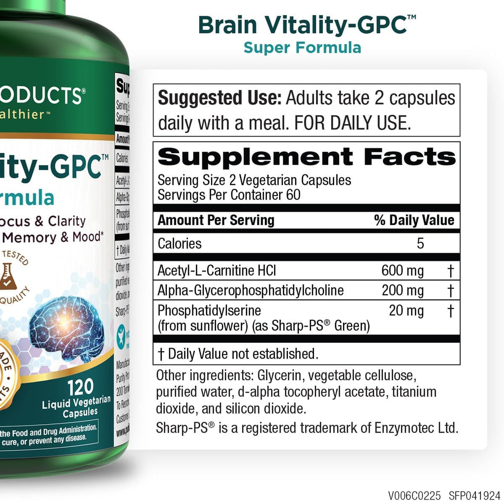 Purity Products Brain Vitality-GPC Super Formula Acetyl L-Carnitine HCI + Alpha GPC + Phosphatidlyserine - Supports Normal Concentration and Mental Clarity - 120 Caps
