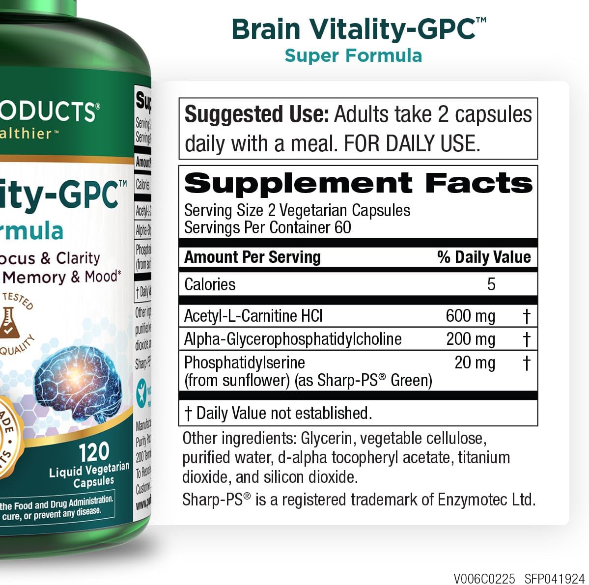 Purity Products Brain Vitality-GPC Super Formula Acetyl L-Carnitine HCI + Alpha GPC + Phosphatidlyserine - Supports Normal Concentration and Mental Clarity - 120 Caps