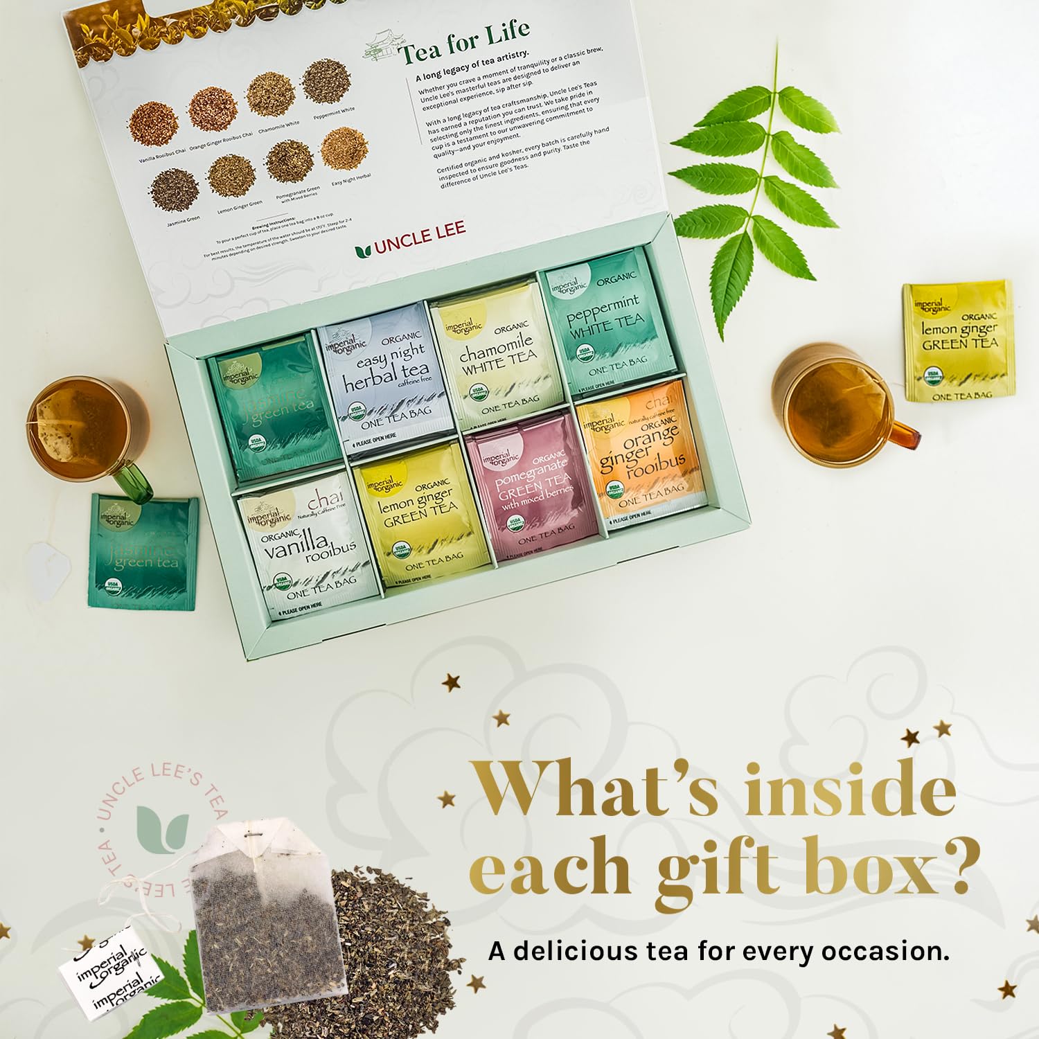 Uncle Lee’s Organic Tea Variety Gift Set – Wellness Collection with 8 Teas (6 Bags Each) in a Premium Gift Box, 3.3 Oz (48 Tea Bags)