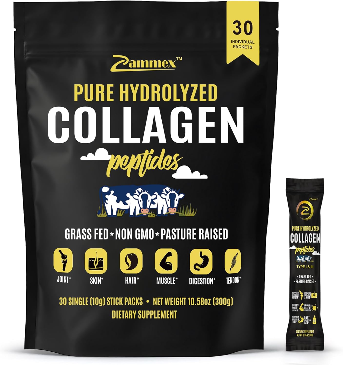 Premium Collagen Peptides Powder, 30 Sticks Travel Packets(Type I, III), Unflavored Collagen Protein Powder to Go, Hydrolyzed Collagen Peptides for Skin Hair Nail Joint, 10g per Serving, Paleo & Keto