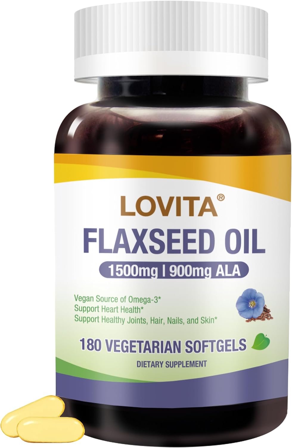 Lovita Cold-Pressed Flaxseed Oil, 1500mg with 900mg ALA Omega-3, Support Heart and Joint Health, Vegan, 180 Softgels