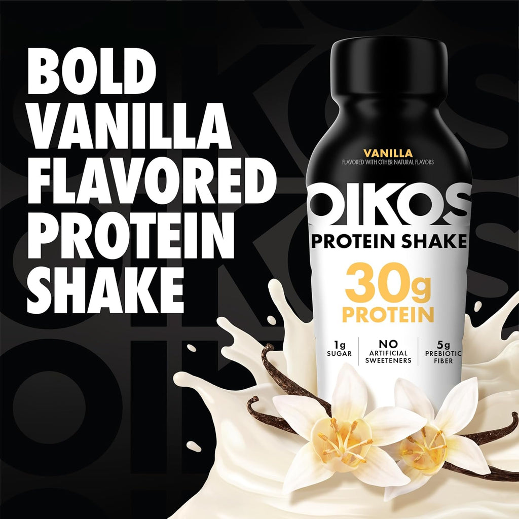 Oikos Protein Shake, Vanilla, 30g Protein, Shelf Stable Protein Drink with 5g Prebiotic Fiber, 12 fl oz Bottle, 12 Count
