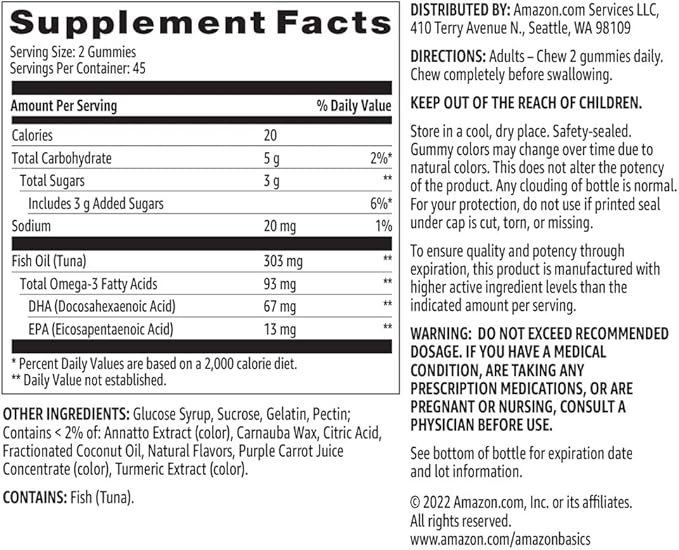 Amazon Basics Fish Oil 303 mg, Lemon, Orange & Strawberry-Banana flavors, 90 Gummies (2 per Serving), EPA and DHA Omega-3 fatty acids (Previously Solimo)