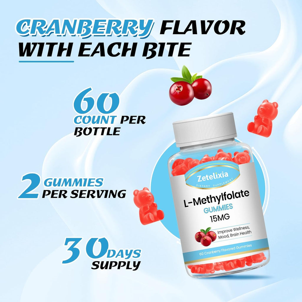 L-Methylfolate 15mg & Methyl B12 Gummies, Folate Supplement for Brain Health, Mood & Immunity, DNA Synthesis & Repair, Sugar Free, Vegan, Cranberry Flavor, 60 Count