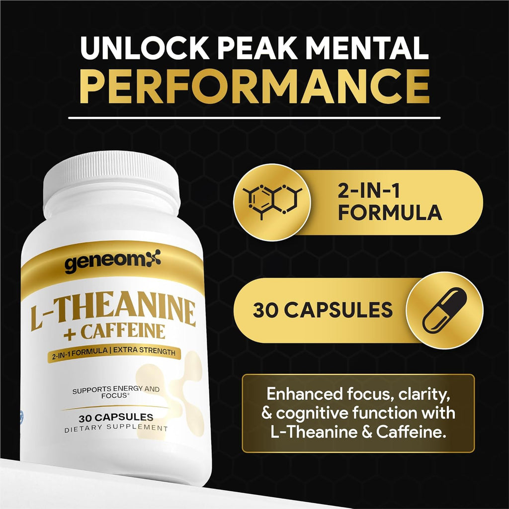 L-Theanine + Caffeine Supplement - Extra Strength 2-in-1 Formula for Mental Clarity, Energy and Focus with Natural Green Coffee Bean Extract, Supports Calm & Alertness | 30 Vegetarian Capsules