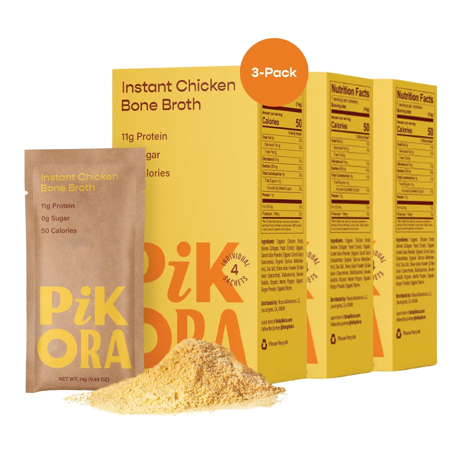 Pikora Chicken Bone Broth Instant Powdered Mix (3 Pack, 12 Servings) | High-Protein, Gluten-Free, Collagen-Rich, No Sugar, Keto & Paleo Friendly | 11g Protein, 50 Calories per Serving
