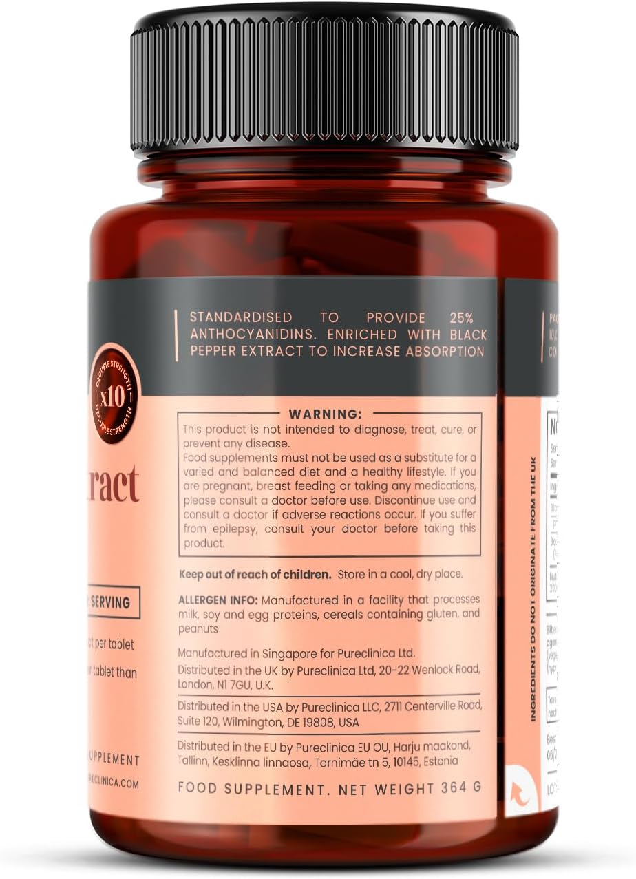 pureclinica Bilberry Extract 10,000mg x 180 Tablets (6 Months Supply)- 10X More anthocyanidin Plus 5mg Black Pepper per Tablet