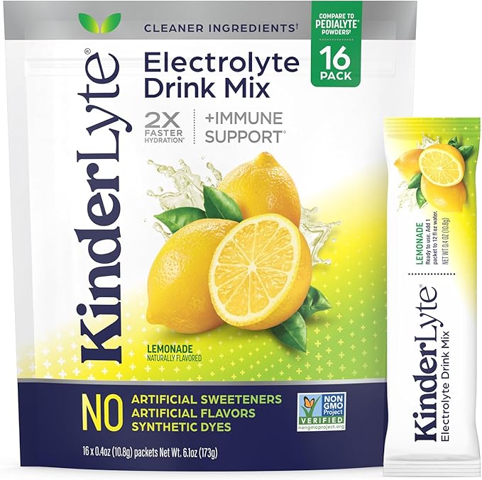 Kinderlyte Electrolyte Powder for Kids and Adults - Drink Mix Hydration Packets (Lemonade, 16 Count), No Artificial Sweeteners or Flavors, No Synthetic Dyes, Vegan, Non-GMO, Gluten-Free