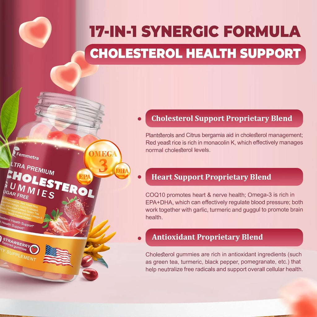 Cholesterol Supplements with Plant Sterols, Red Yeast Rice & COQ10 etc, 17-in-1 Cholesterol Complex Gummies for Heart & Cholesterol Health, Energy Support, Non-GMO, Strawbreey Flavor, 60 Gummies.