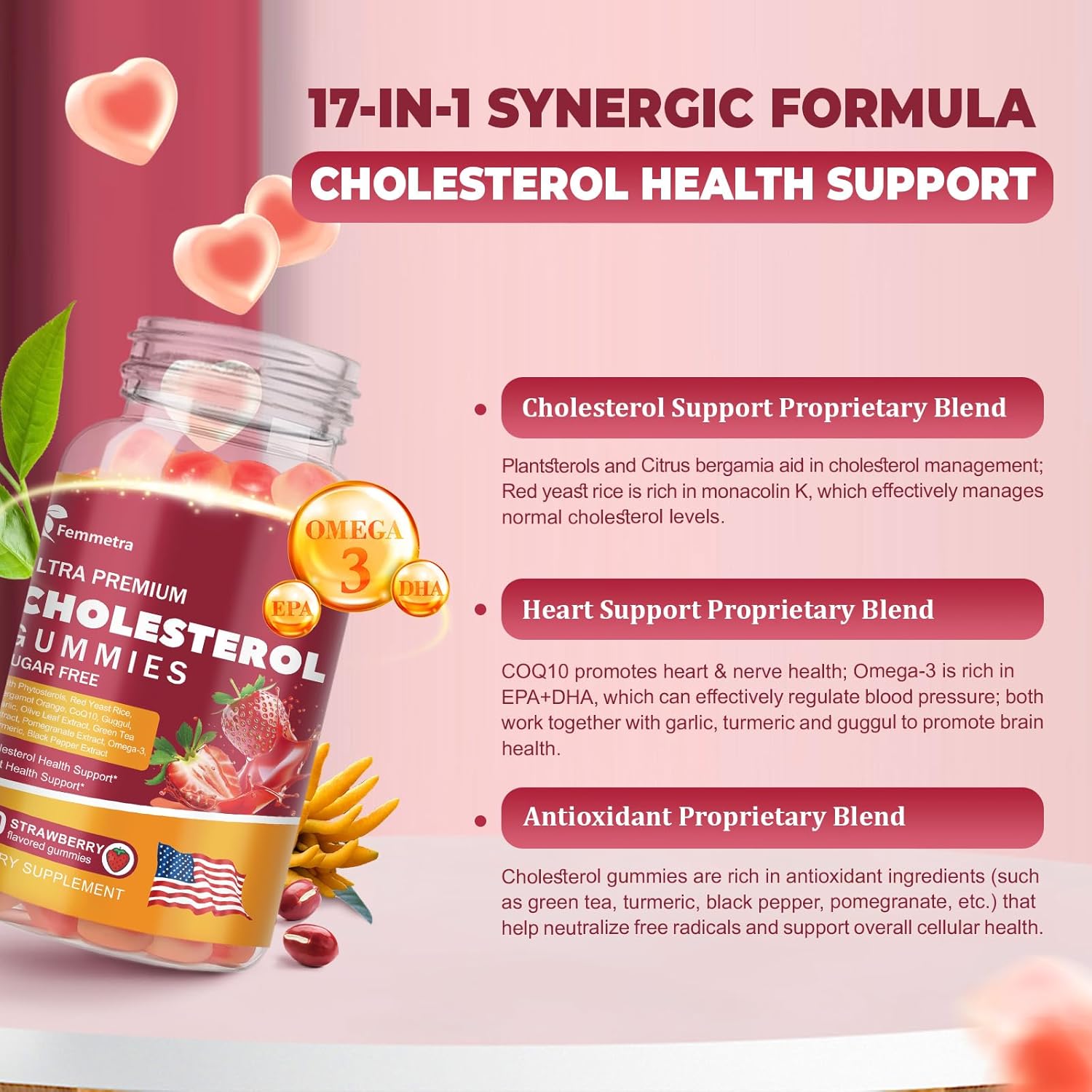 Cholesterol Supplements with Plant Sterols, Red Yeast Rice & COQ10 etc, 17-in-1 Cholesterol Complex Gummies for Heart & Cholesterol Health, Energy Support, Non-GMO, Strawbreey Flavor, 60 Gummies.