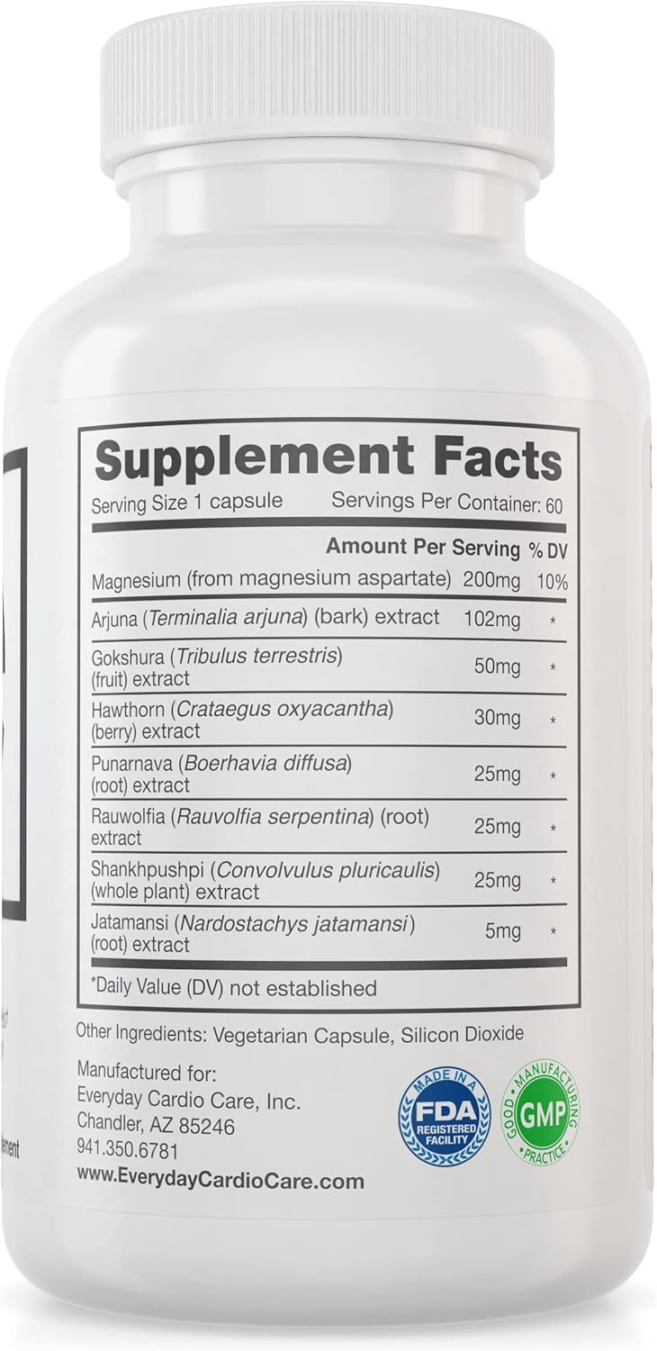 Everyday Blood Pressure Support and Hypertension Supplement - Hawthorn Berry, Arjuna, Magnesium, and Rauwolfia for Heart Health, Circulation, and Cholesterol Support (30 Day Supply, 60 Capsules)
