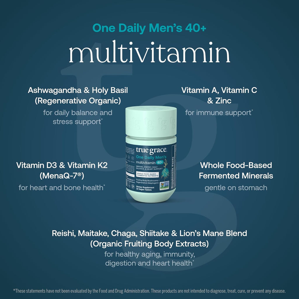True Grace Men's 40+ One Daily Multivitamin Fermented Minerals, Organic Adaptogens & Mushrooms Whole Body Balance Immune, Endurance, Bone & Heart Support Supplement - Non-GMO - 30 Vegan Tablets