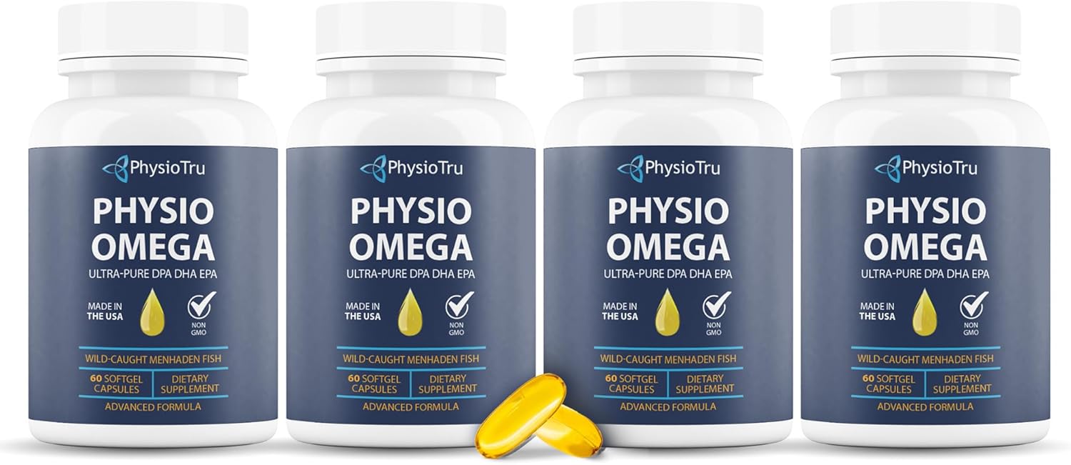 Physio Omega 2400mg Fish Oil with Omega 3 Fatty Acid Supplement - Vascular & Cognitive Supplements for Adults - Non-GMO, Burpless, Light Citrus Flavor, Sustainably Sourced - 4 Packs, 240 Softgels
