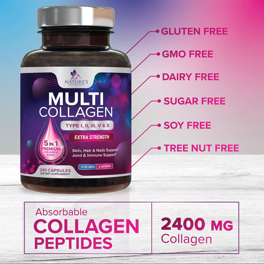 Multi Collagen Supplement 2400 mg - Types I, II, III, V & X Multi Collagen Peptides Pills for Women & Men, Hydrolyzed Collagen Supplements, Hair, Skin, Nail, & Joint Support Supplement - 240 Capsules