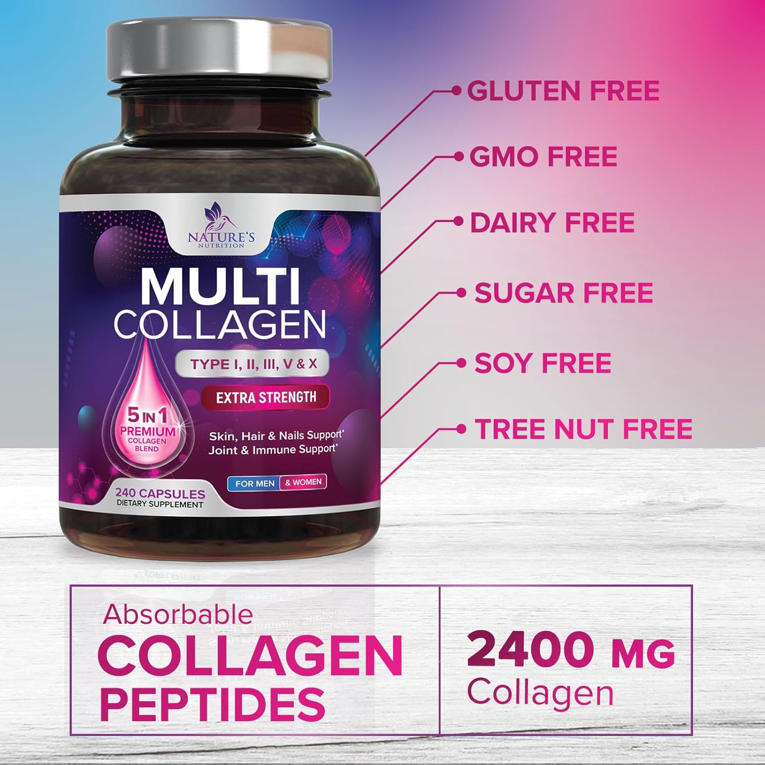 Multi Collagen Supplement 2400 mg - Types I, II, III, V & X Multi Collagen Peptides Pills for Women & Men, Hydrolyzed Collagen Supplements, Hair, Skin, Nail, & Joint Support Supplement - 240 Capsules