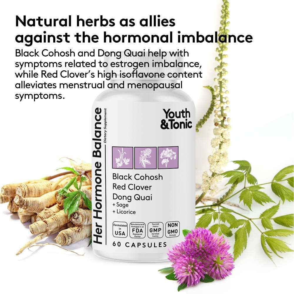 Youth & Tonic Menopause & PMS Support for Women Through Balanced Estrogen Metabolism – 90 Pills with DIM Black Cohosh Red Clover Dong Quai Soy Isoflavones