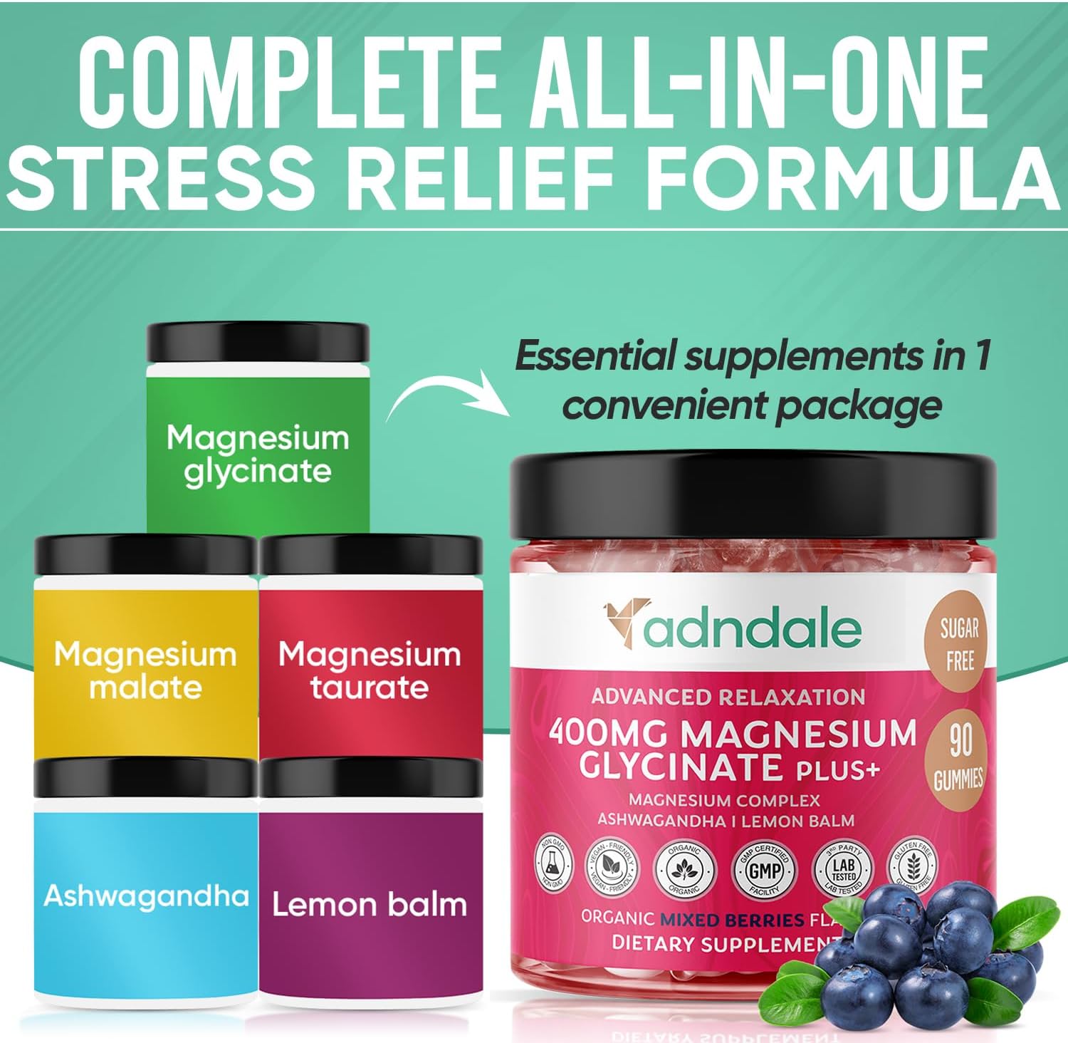 Adndale 90 CT Magnesium Glycinate Gummies 400 mg/Serv with Ashwagandha, Magnesium Malate & Taurate, Sugar Free Chews for Adults & Kids Relaxation, Stress Relief, Night Rest, Muscle & Cardio Support