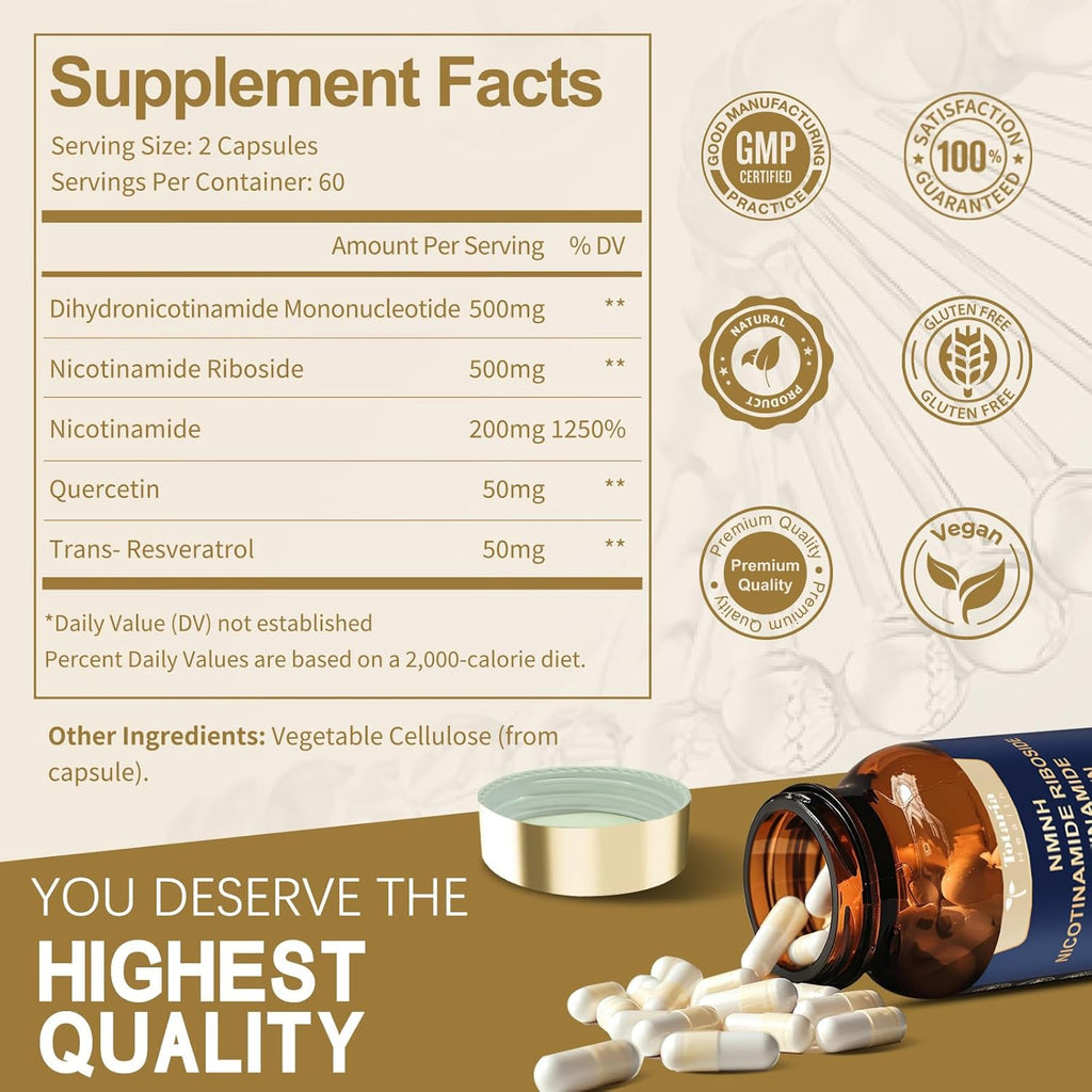 NMNH (Dihydronicotinamide Mononucleotide), NMN Alternative Supplement w/Niacinamide (Vitamin B3), Quercetin, Trans-Resveratrol, Support NAD+, Skin Cell Health*, Anti-Aging & Energy, 120 Caps