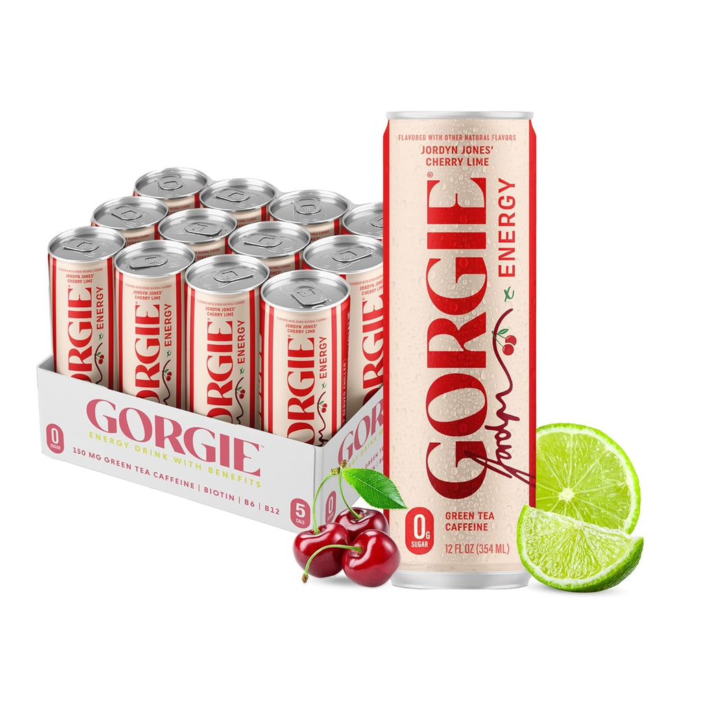 GORGIE Jordyn Jones Cherry Lime, Sugar-Free Natural Energy Drink Sparkling, Healthy Energy Drinks - Green Tea, Biotin, B Vitamins -150mg Caffeine, Vegan, & Low Calorie (Pack of 12)
