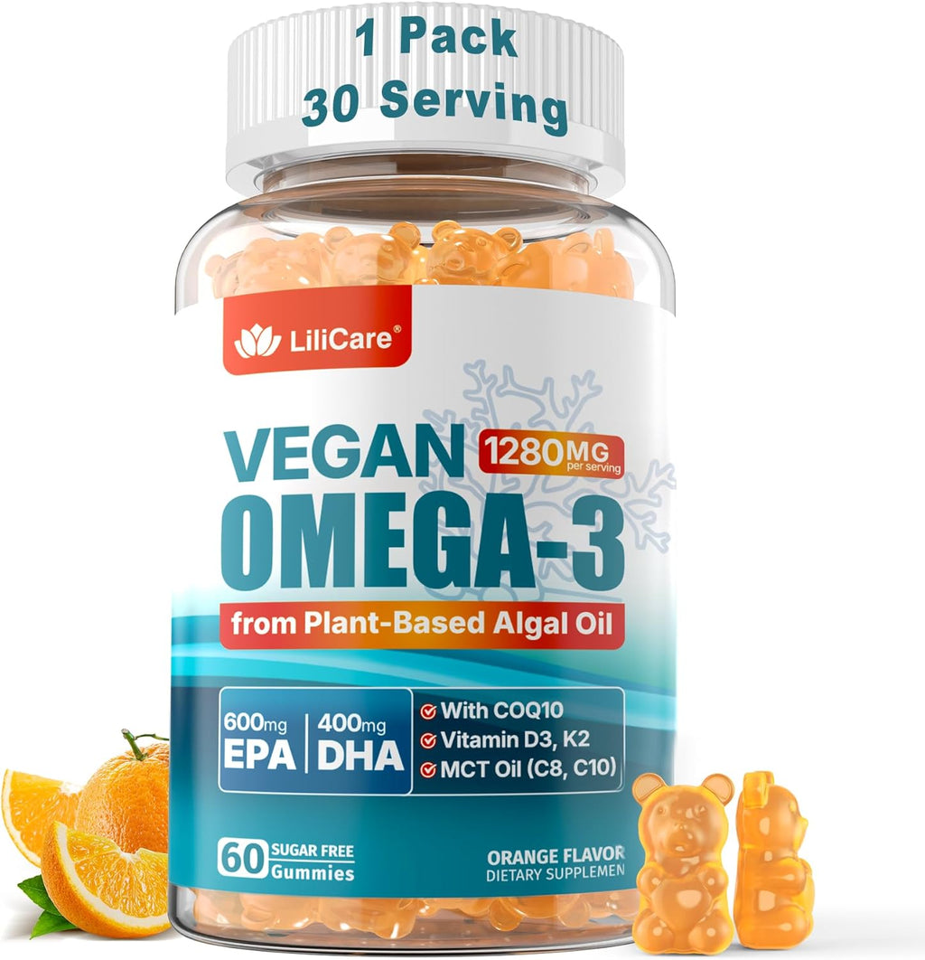 Vegan Omega-3 Gummies 1280mg + COQ10 + Vitamin D3 K2 (MK7), Omega 3 Fish Oil Alternative for Adults w/EPA 600mg DHA 400mg & MCT Oil, No Fish Taste from Marine Algae, for Brain, Eye, Immunity, 1 Pack
