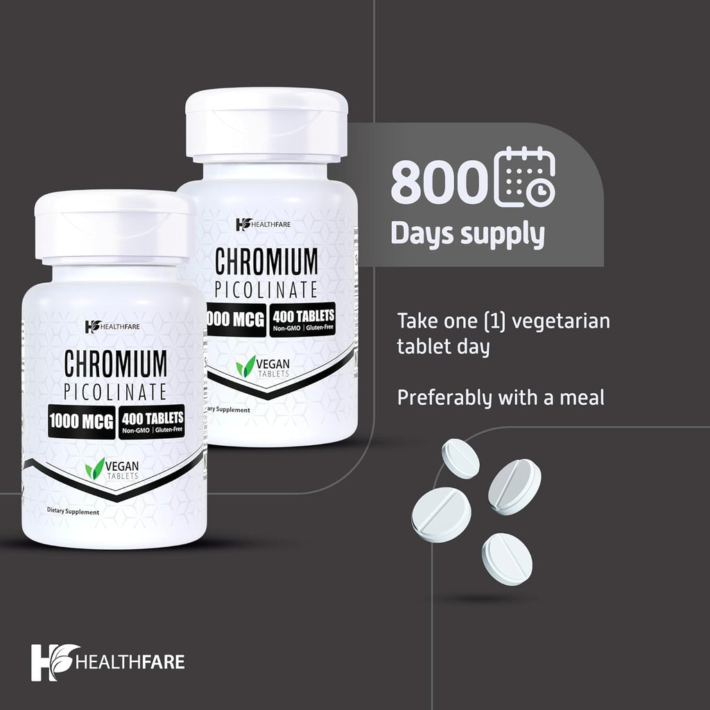 Chromium Picolinate 1000mcg | Pack of 2 | 400 Tablets Each | Gluten-Free | Non-GMO | Made in USA