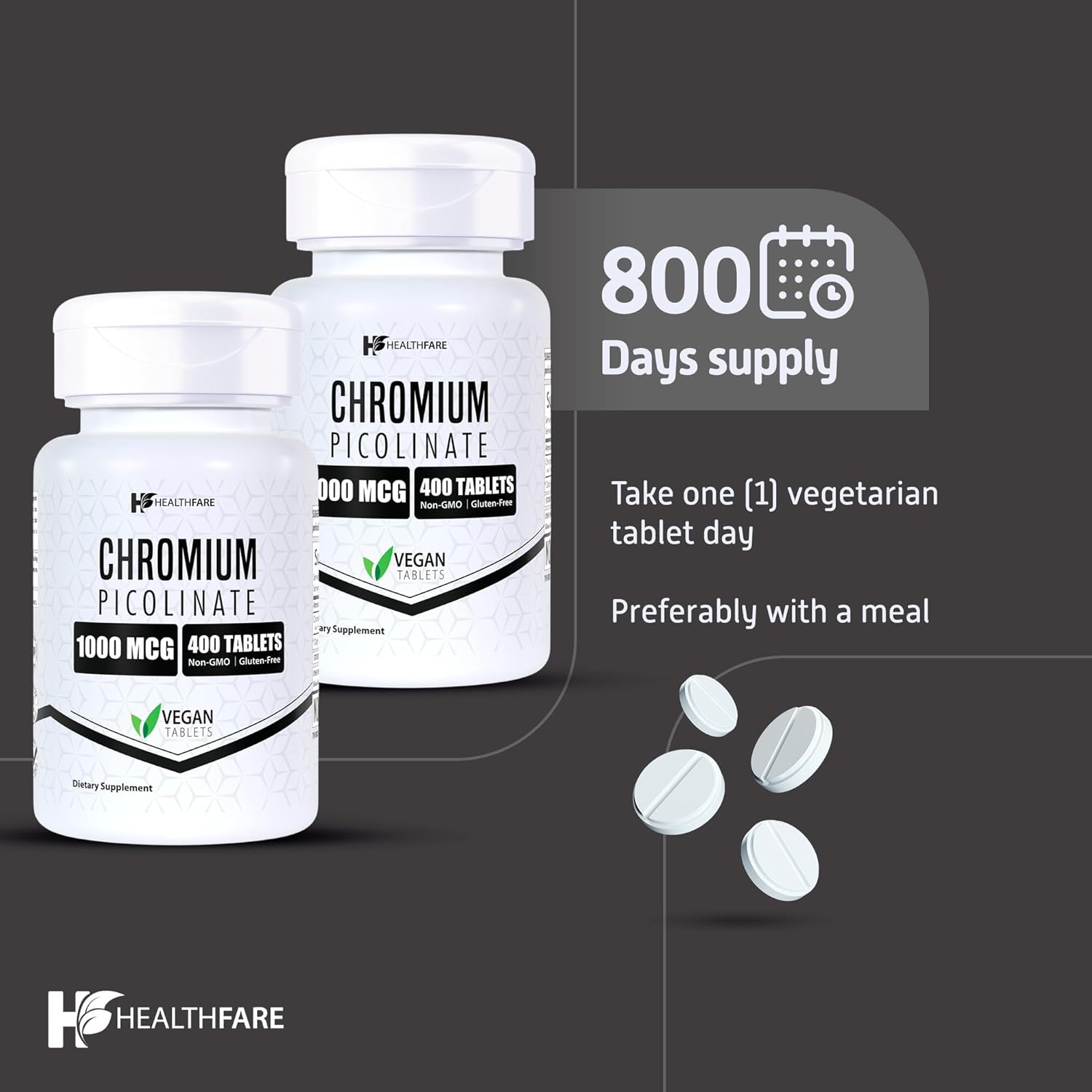 Chromium Picolinate 1000mcg | Pack of 2 | 400 Tablets Each | Gluten-Free | Non-GMO | Made in USA