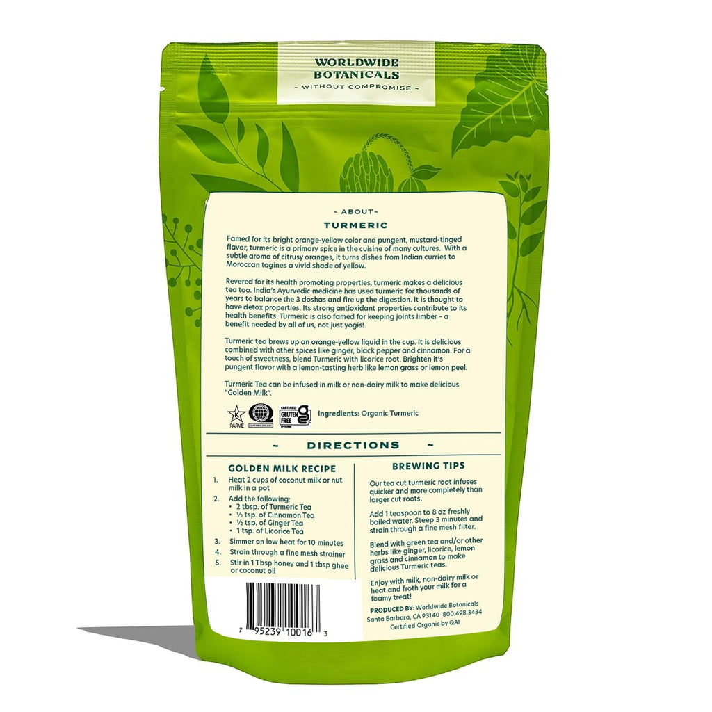 Worldwide Botanicals Organic Turmeric Tea, 1 lb, Tea Cut For Best Infusion - 100% Curcuma longa – Ayurvedic Herb For Optimal Health - 16 ounces