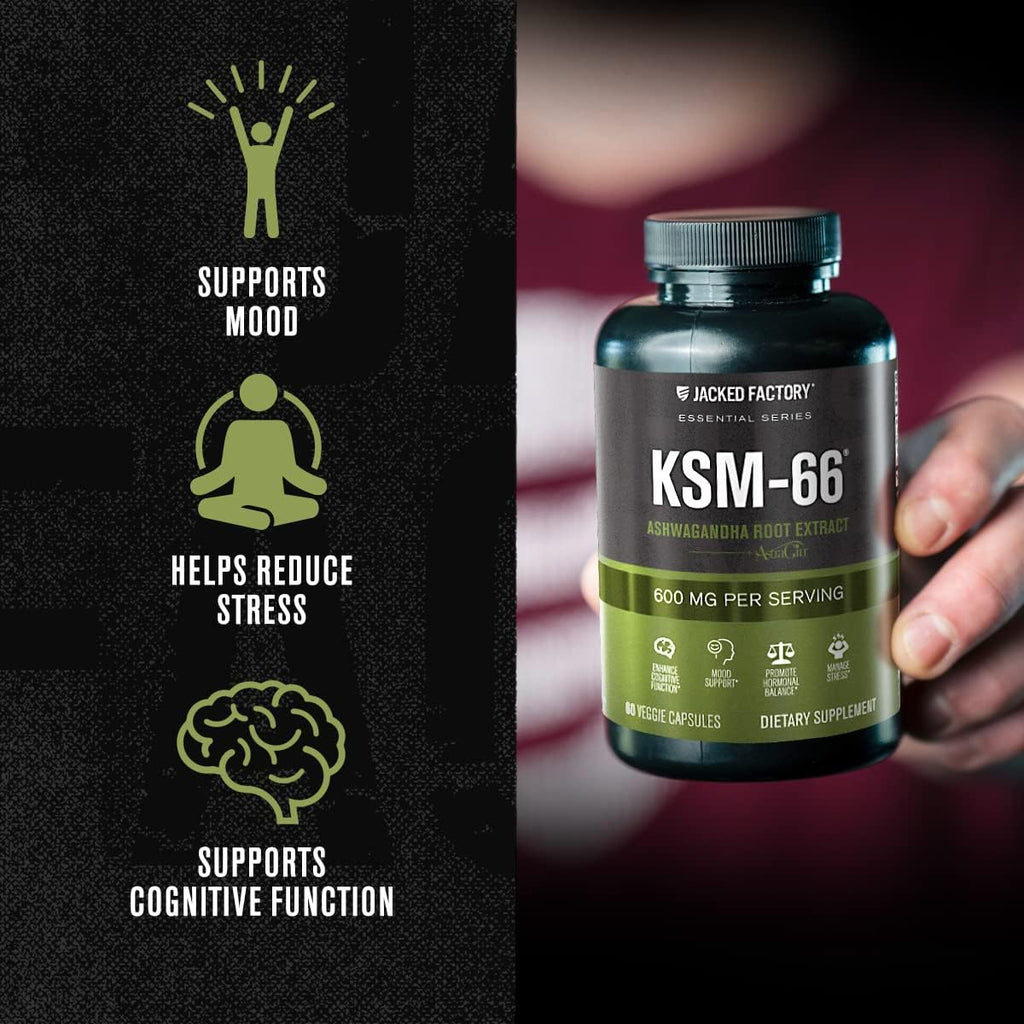 Jacked Factory Ashwagandha Root Extract (KSM-66 Ashwagandha) w/ 5% Withanolides - Supplement for Natural Stress Relief, Cognitive Function, Vitality, and Mood Support - 60 Veggie Capsules