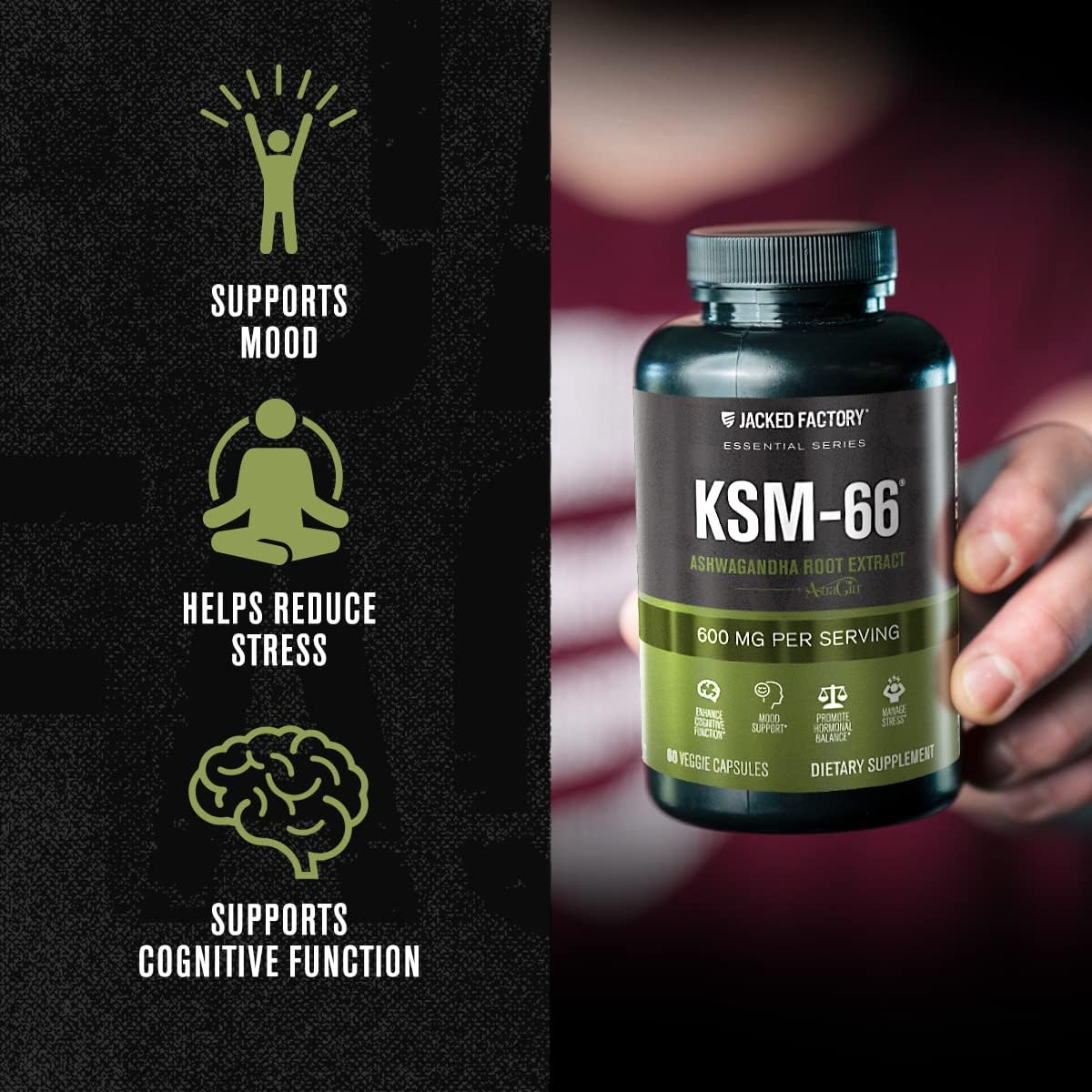 Jacked Factory Ashwagandha Root Extract (KSM-66 Ashwagandha) w/ 5% Withanolides - Supplement for Natural Stress Relief, Cognitive Function, Vitality, and Mood Support - 60 Veggie Capsules