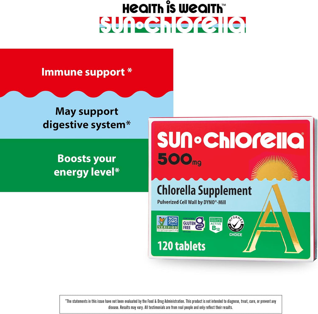 Sun Chlorella 500mg Whole Body Wellness Green Algae Superfood Supplement - Immune Defense, Gut Health, Natural Purification, Energy Boost - Chlorophyll, B12, Iron, Protein - Non-GMO - 120 Tablets