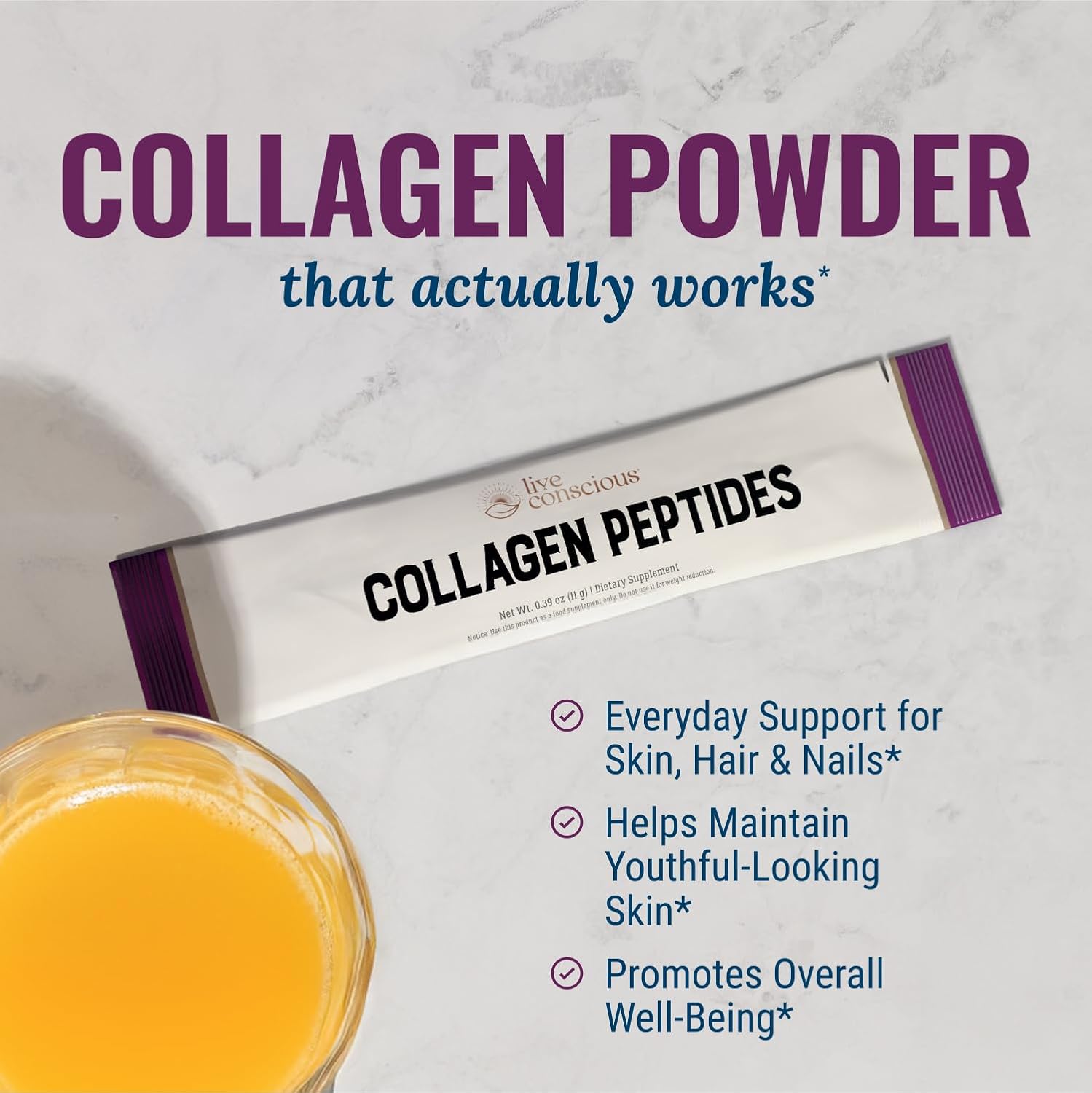 Live Conscious Collagen Peptides Powder Unflavored Packets-Hydrolyzed Collagen Powder-Hair, Skin, Nail, & Joint Support-Type I & III Grass-Fed Collagen Supplements for Women and Men - Pack of 20 (2Pk)